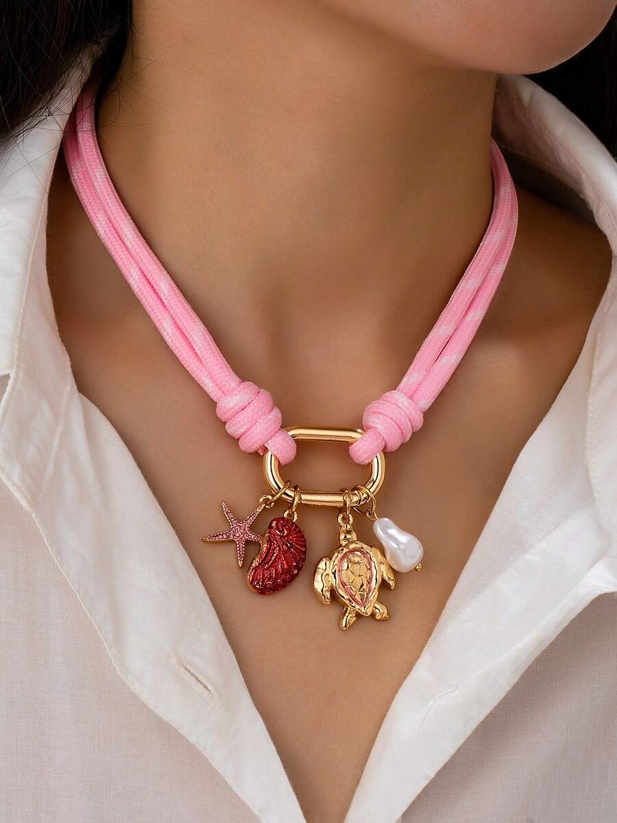 1 chiếc vòng cổ dây thừng màu hồng phong cách Boho Bohemian với mặt dây chuyền hình rùa và sao biển - Kiểu dáng vòng cổ choker bản to phong cách biển cả với khóa móc và mặt dây chuyền có thể tháo rời - Phụ kiện trang sức mùa hè cho nữ - Dây chuyền màu hồng - Xem 1