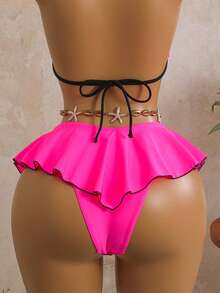 Glückliches Mädchen Damen sexy fuchsiafarbenes 2-teiliges Badeanzug-Set, bohemischer Strandurlaub, Rock mit Rüschensaum, modisches Bikini-Set für den Sommer - Rosa - Übersicht 5