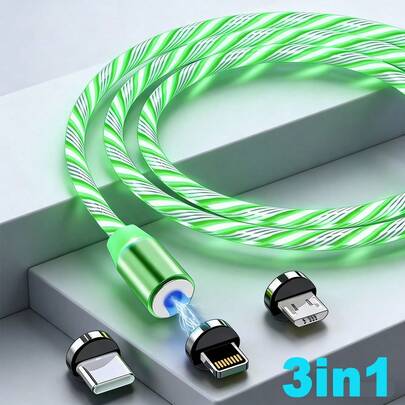 1pc 3-In-1 Fast Charging USB Magnetic LED Flowing Light Charging Cable Compatible With IPhone 17 Series, 17 Pro Max/17 Pro/17/Air/16/15/14/13/12/11/XS/XR/8/7/6, , S25/S24/S23/S22/S21 Ultra Plus, ,