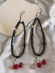 1pc Red Cherry Mobile Phone Lanyard With Black Beads, Fashionable Wrist Strap, Camera Strap, Anti-Lost Accessory - Multicolor - View 1