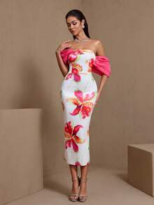 Vestido elegante y sexy con estampado floral y espalda descubierta, adecuado para fiestas, citas, aniversarios, graduaciones y cenas formales - Rosa Fucsia - Ver 3