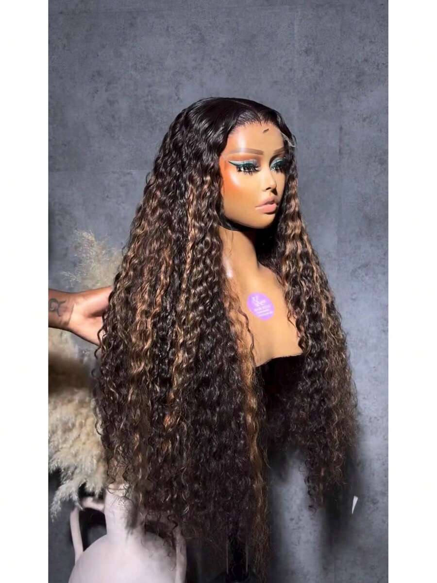 Tóc giả ren phía trước kiểu sóng sâu 1B/30, tóc thật, đã tỉa sẵn, kiểu Balayage Ombre, màu nâu xoăn, tóc thật 13x4, ren phía trước HD, không cần keo dán, dành cho nữ, mật độ 180%.