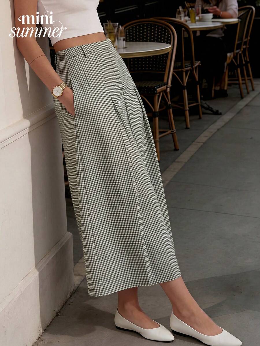 女士优雅波点格纹绿色百褶裙 - 高腰休闲裙，适合派对、度假、商务场合、春夏穿着 - 彩色 - 查看 1