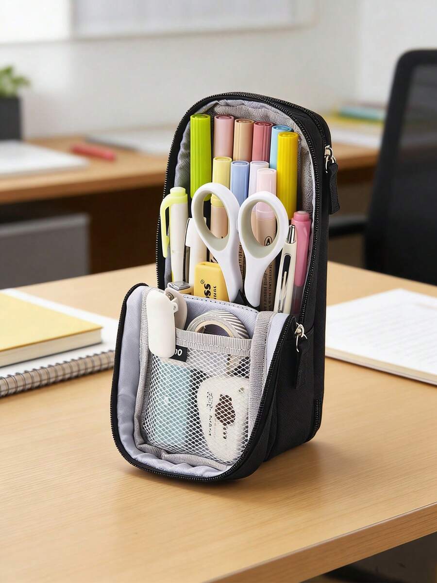 Large-Capacity Stand-Up Pencil Case, Multi-Functional Double-Layer Folding Pencil Box, Multi-Functional Stationery Box With Double-Opening Design.
