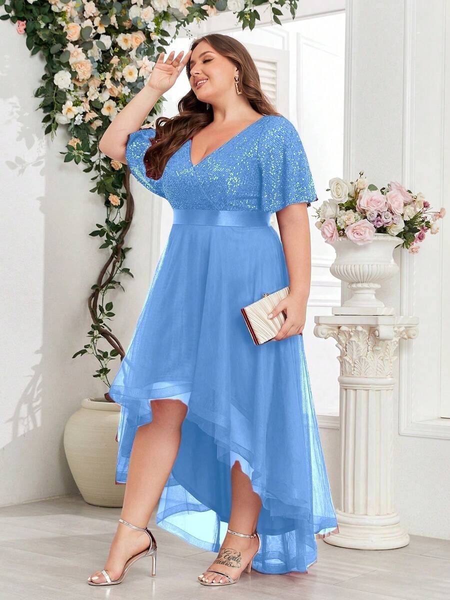 Vestido de noche azul de tul con dobladillo alto-bajo de color contrastante y lentejuelas, vestido formal elegante para damas, vestido de cóctel, vestido de invitada de boda, ceremonia de graduación, fiesta de banquete, disfraz de carnaval, primavera y verano en talla grande - Celeste - Ver 1