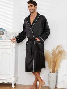 1pc Men's Satin Lightweight Bathrobe, Men's Luxury Silk Kimono Hotel SPA Sleepwear, Home & Outdoor Pool Robe, Ice Silk Lapel Tie Waist Bath Towel - Multicolor - View 9