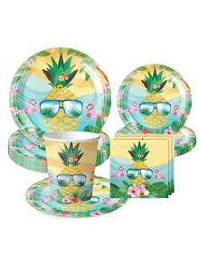 10pcs Hawaiian Pineapple Flamingo Tropical Theme Disposable Tableware Set - Includes 9/7 Inch Plates, 9oz Cups And Napkins, Suitable For Birthday, Beach Party, Picnic And BBQ Decor - Multicolor - View 2