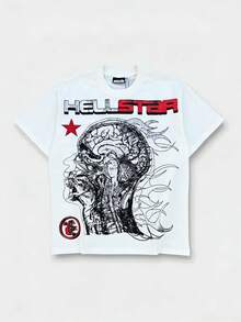 Hellstars Brain Silhouette Vintage Graphic T-Shirt,220g 100% Cotton,Round Neck Short Sleeve,Cream Streetwear Essential,Unisex Style - White - View 1