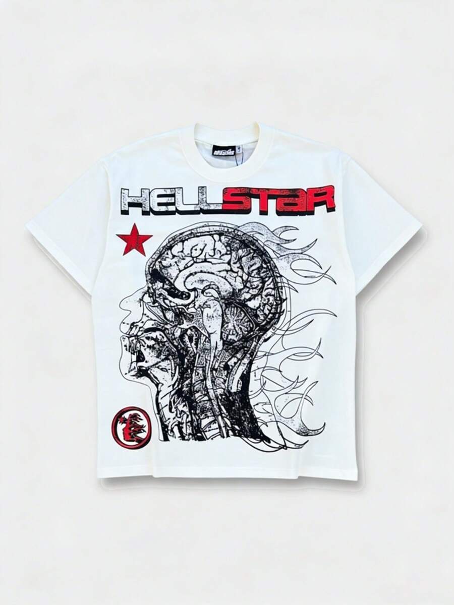 Hellstars Brain Silhouette Vintage Graphic T-Shirt,220g 100% Cotton,Round Neck Short Sleeve,Cream Streetwear Essential,Unisex Style - White - View 1