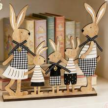 1pc 2D Wooden Decorative Plaque & Figurine, Mother's Day Decor, Minimalist Design, Family Of 5 Rabbits In Plaid Outfits, Perfect Holiday Gift For Home & Office, Spring Decoration - A - View 3