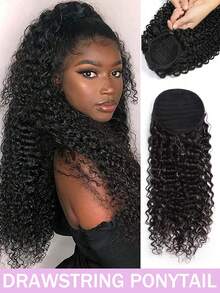 蓬松卷曲马尾辫，带抽绳，真人发接发，女士款式，自然黑色，夹式真人发假发，快速变换发型，适合日常和派对佩戴 - Natural Black - 查看 2