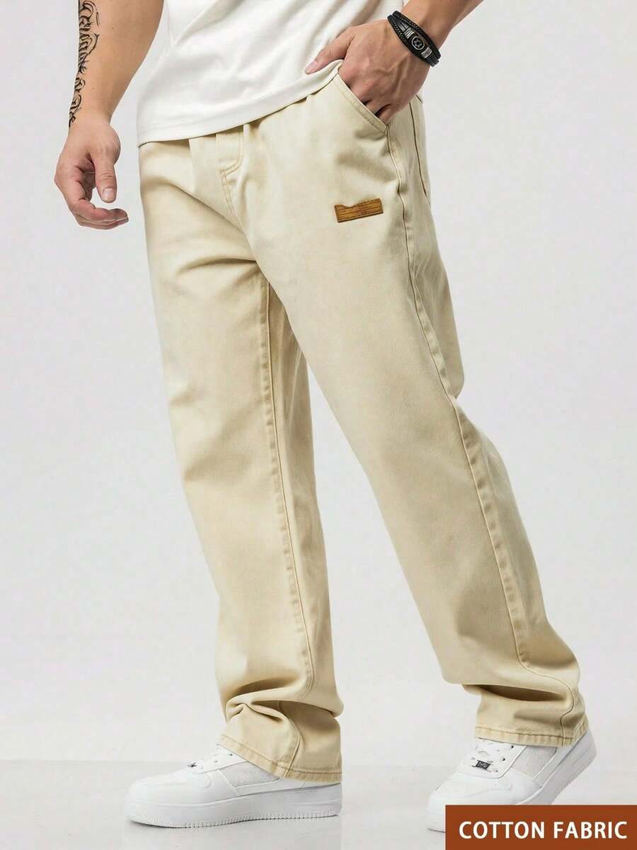 Men's Slant Pocket Drawstring Elastic Waist Washed Denim Jeans - Apricot - View 1