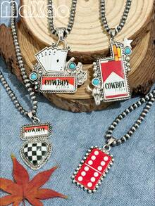 Women's Vintage Western Country Style Multi-Pattern Printed Necklace (4MM Pearls 16 Inch Length). Suitable For Daily Wear, Dates, Attending Theme Parties, You Will Get Lots Of Compliments From Friends When Wearing It - Multi-color Printed Necklace - View 2