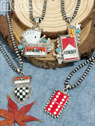 Dây chuyền nữ phong cách miền Tây cổ điển với nhiều họa tiết in (ngọc trai 4mm, dài 16 inch). Thiết kế mang chủ đề miền Tây nước Mỹ, bao gồm hình bóng bò tót, chữ cái, cờ Mỹ và các yếu tố cổ điển khác.