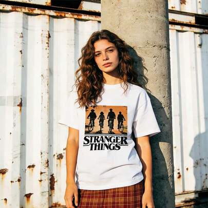 Summer Clothes Women Cotton Soft Casual Round Neck T-Shirt,Joyce Byers,Jim Hopper,Mike Wheeler Print Pattern.White