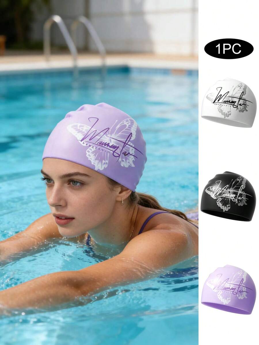 Butterfly Print Silicone Swim Cap, Waterproof Ear Protection, Adult Men & Women Training Swimming Cap - Multicolor - View 1
