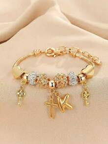 1pc 26 Letter, Heart, Cross, Flower Beaded Bracelet, Fashionable Youth Keychain, Cross Pendant Bracelet - Multicolor - View 13