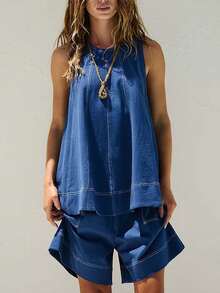 Women Plaid Outfit, Long Sleeve Tie-Up Crew Neck T-Shirt With Elastic Waist Shorts Summer Outfit - 藏蓝色 - 查看 1