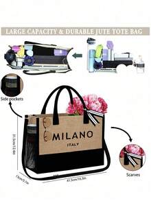 This Women's Beach Themed Handbag Set Features The Artistic "Milano Italy" Logo And Includes A Large Capacity Handbag And Two Makeup Bags. - Multicolor - View 9