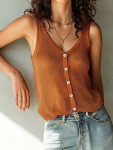 新款春夏系列女士时尚优雅都市现代休闲度假海滩通勤橙色单扣无袖深V领针织开衫；夏季针织上衣；女士夏季服装；优雅派对针织上衣；沙滩针织上衣；外套；女士休闲针织上衣；女士橙色针织上衣 - 橘色 - 查看 2