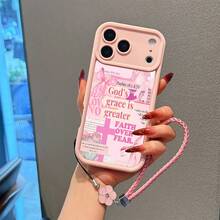 1pc Lucky Camellia Flower Bracelet + 1pc Religious Pattern TPU Pink Phone Case, Suitable As Birthday And Christmas Gift For Couples, Girlfriends, Daughters, Teenagers - Pink - View 3