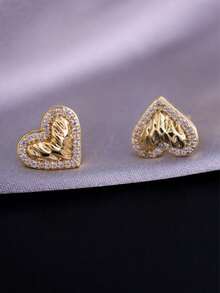 PLINEWAX Fashionable Silver-Tone Heart-Shaped Earrings With Sparkling Crystal Inlay, Delicate Heart Earrings, Everyday Jewelry - Gold - View 4