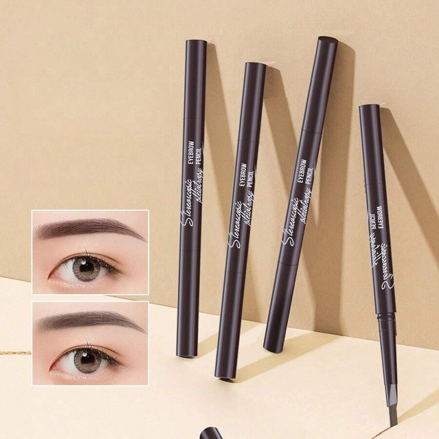 3pcs Automatic Rotating Double-Ended Triangle Eyebrow Pencils (Light/Medium/Dark Brown), Waterproof Sweat-Proof Long-Lasting No Smudge, Beginner-Friendly Eyebrow Makeup Tool - E-Rose Red - View 1
