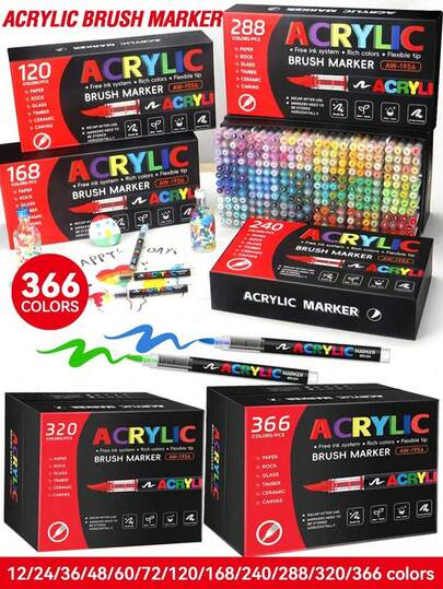 12-366 Colors Direct Liquid Acrylic Marker Pen Set With Storage Bag, Quick Dry & Fade Resistant, Suitable For Painting, Illustration, Crafts, School Supplies, Coloring Books And Other DIY Projects On Paper, Fabric, Wood, Stone, Plastic, Glass, Ceramic, Pumpkin, Metal, Great Gift For Easter, Thanksgiving, Halloween, Christmas