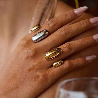 VKHK 1 buc inel deschis asimetric din oțel inoxidabil placat cu aur de 18K, potrivit pentru ținute zilnice și de petrecere ale femeilor, cadou