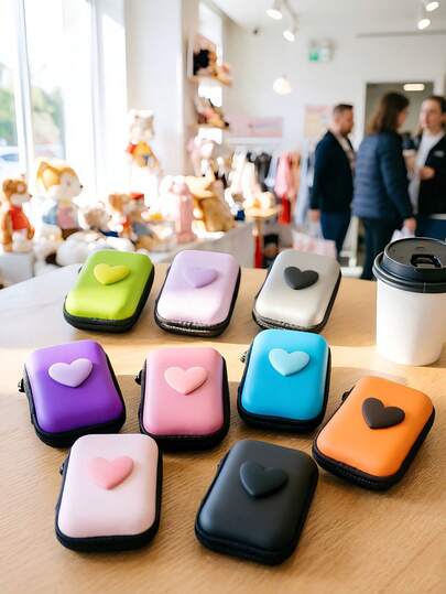 1pc Cartoon Heart-Shaped Anti-Drop Zipper Pouch, Suitable For Organizing Cables, Chargers, Earphones And Other Electronic Accessories