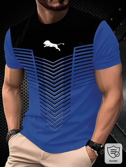 Tricou bărbătesc de vară, casual, cu guler rotund - imprimeu 3D cu dungi, material respirabil din amestec de poliester, design triunghiular negru și albastru, top ușor și confortabil cu mânecă scurtă, stil sportiv modern, durabil pentru purtare zilnică, lavabil la mașină