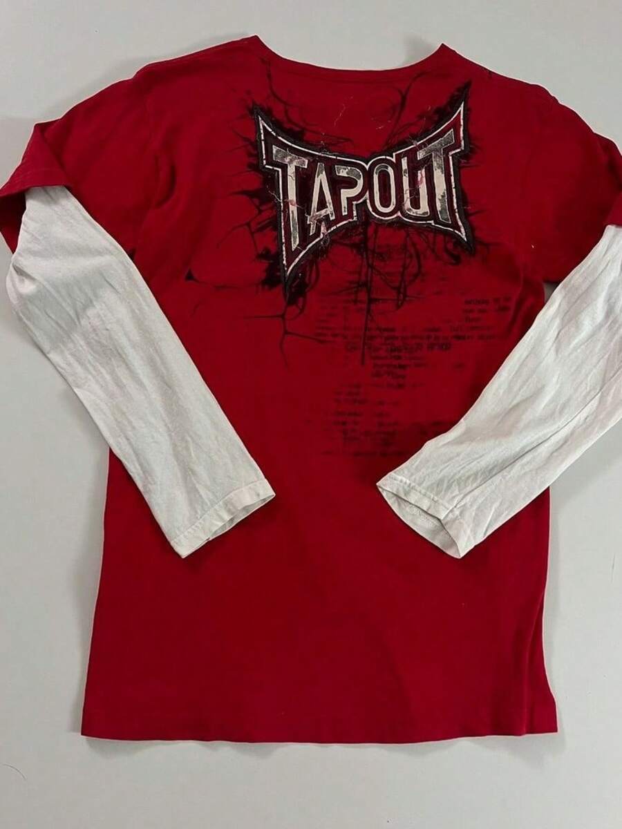 Stylish And Comfortable Street TAPOUT Printed T-Shirt Fake Two-Piece Top Casual Hip-Hop Long-Sleeved T-Shirt - 紅色假兩件 - 查看 1