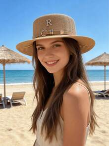 1顶法式夏季新款时尚皮带平顶草帽，防晒草帽，适合户外活动，四季皆宜，节日礼物，母亲节礼物，情人节礼物，适合度假、摄影，女士礼物 - 彩色 - 查看 5