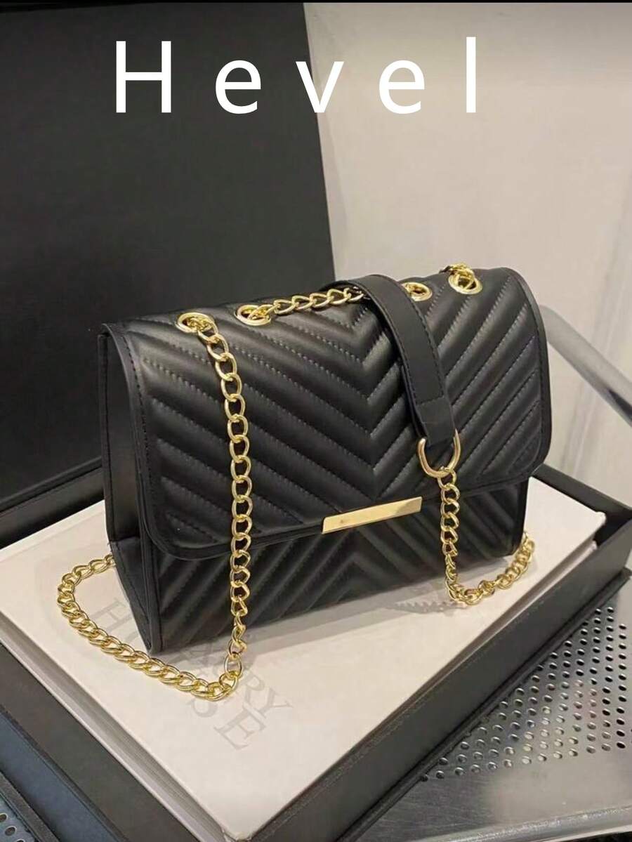 Fashionable Solid-Color Quilted Chain Shoulder Bag.Summer Bag.Black Bag - Black - View 1