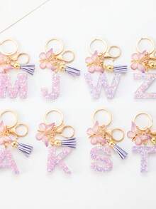 Cute Yarn Pom Pom Sequin Letter A-Z Resin Tassel Keychain, Wallet & Handbag Charm, Chain Backpack Pendant, Car Hanging Ornament, Girl Gift, School & Car Accessories, Gothic Y2K - Purple - View 7