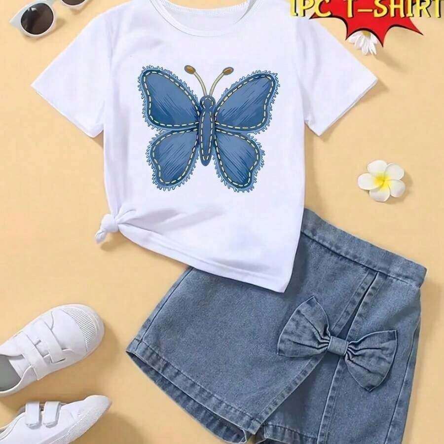 Girls' Cotton T-Shirt - Butterfly Print, Denim Style. Ideal T-Shirt For Girls. - trắng - Xem 1