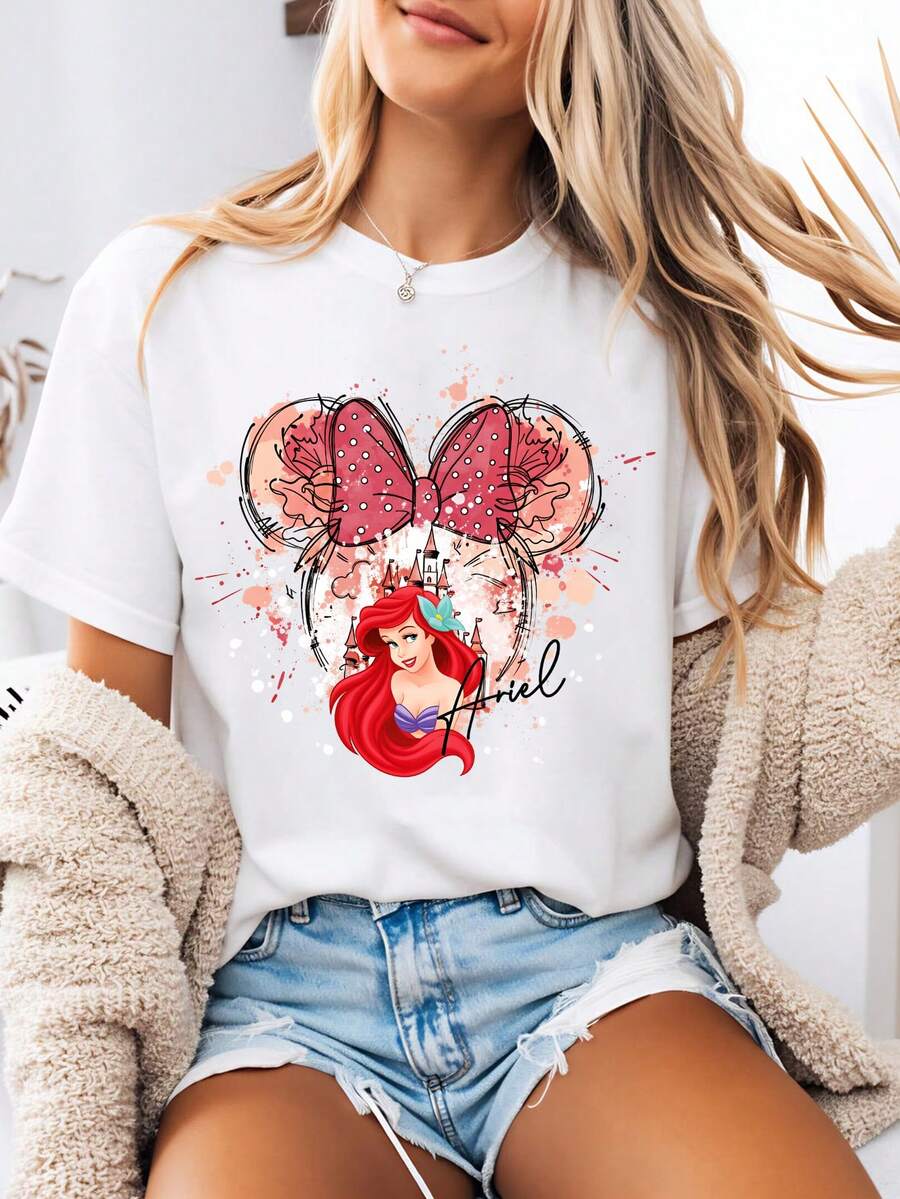 Disney-Style Women's Printed T-Shirt Featuring Cartoon Prints Of The 's Ariel And Mickey Mouse In Red Ink. This Round-Neck Summer Top Is Crafted From Soft, Comfortable 100% Cotton Fabric, Perfect For Everyday Wear, Outdoor Activities, Or Shopping. It Also Makes An Ideal Choice For Women's Vacation Wear. - White - View 1