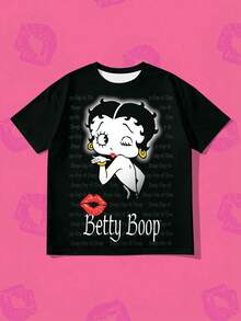 SHEIN X Betty Boop 这款甜美酷炫的T恤将甜美元素与时尚联名系列相结合，打造出既可爱又独特的个性化甜美酷炫风格。 - 黑色 - 查看 1