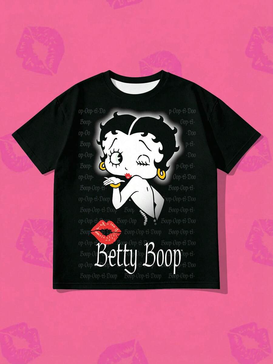 SHEIN X Betty Boop 这款甜美酷炫的T恤将甜美元素与时尚联名系列相结合，打造出既可爱又独特的个性化甜美酷炫风格。 - 黑色 - 查看 1
