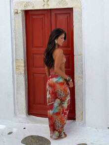 3pcs Women's Sexy Floral Print Bikini Set With Tie-Up Back And Mesh Skirt, Summer Vacation Beach - 多色 2 - 查看 11