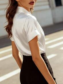 女士春夏休闲简约日常通勤百搭商务优雅街头风小立领插肩袖镂空褶裥后拉链白色缎面梭织衬衫 - 白色 - 查看 2