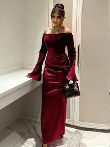 Solid Color Elegant Sexy Zipper Off Shoulder Long Sleeve Formal Evening Dress, Suitable For Formal Dinners Wedding Party - Burgundy - View 2