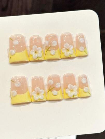 10pcs Handmade Nail Art Stick-On Nails, Removable Acrylic Nail Tips, Cute 3D Floral Design, French Style, Suitable For New Year, Valentine's Day, Party, Spring/Summer/Autumn/Winter