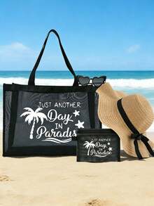 Large Mesh Beach Tote Bag Set For Women, Printed With "Just Another Day In Paradise" Letter Pattern, Mesh Tote Bag + Small Pouch + Straw Sun Hat + Heart Sunglasses, Mesh Beach Bag, Personalized Gift Bag, Mesh Cosmetic Bag, Swimming Beach Bag, Reusable Lightweight And Durable Shoulder Bag, Multifunctional Travel Handbag - Multicolor - View 1