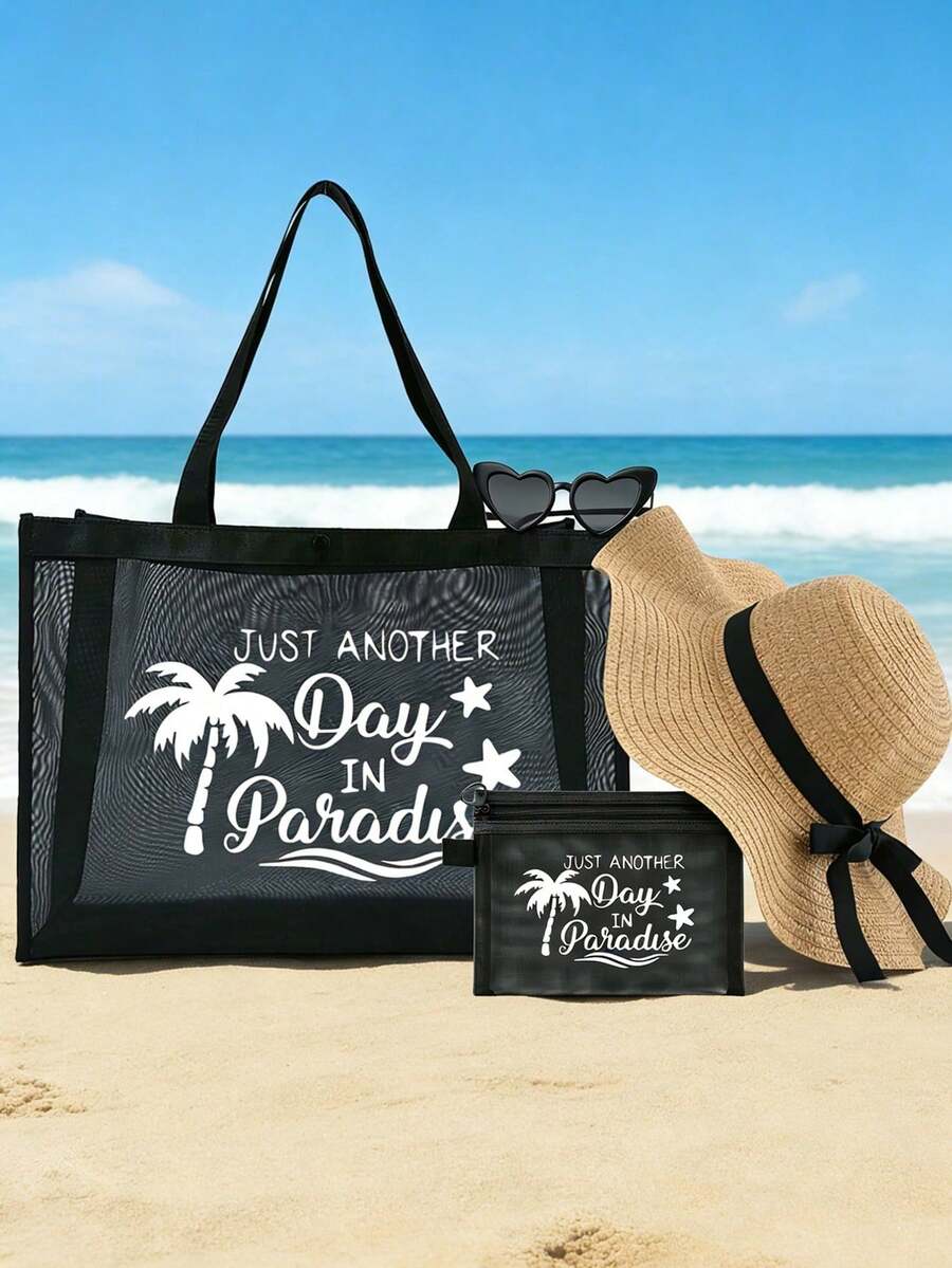 Large Mesh Beach Tote Bag Set For Women, Printed With "Just Another Day In Paradise" Letter Pattern, Mesh Tote Bag + Small Pouch + Straw Sun Hat + Heart Sunglasses, Mesh Beach Bag, Personalized Gift Bag, Mesh Cosmetic Bag, Swimming Beach Bag, Reusable Lightweight And Durable Shoulder Bag, Multifunctional Travel Handbag - Multicolor - View 1
