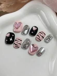 Pink Black Zebra Heart Rhinestone Press On Nails | Y2K Punk Sweet Cool False Nails Set For Club & Daily Wear - Multicolor - View 1