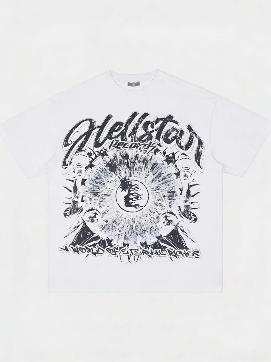 Hellstars Records A World Of Eternal Riches Y2K Graphic T-Shirt,220g 100% Cotton,Round Neck Short Sleeve,White Streetwear Essential,Unisex Style - 白色 - 查看 1
