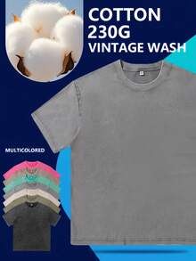 Men's Cotton T-Shirts Oversized Unisex Short Sleeves Casual Loose Wash Solid Basic Tee Tops Vintage Washed Basic Loose Tees - 灰色 - 查看 2