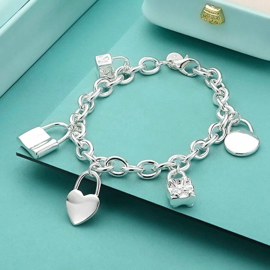 925 Silver Plated Square Heart Round Lock Pendant Bracelet For Women Fashion Charm Jewelry Gifts - Silver - View 1