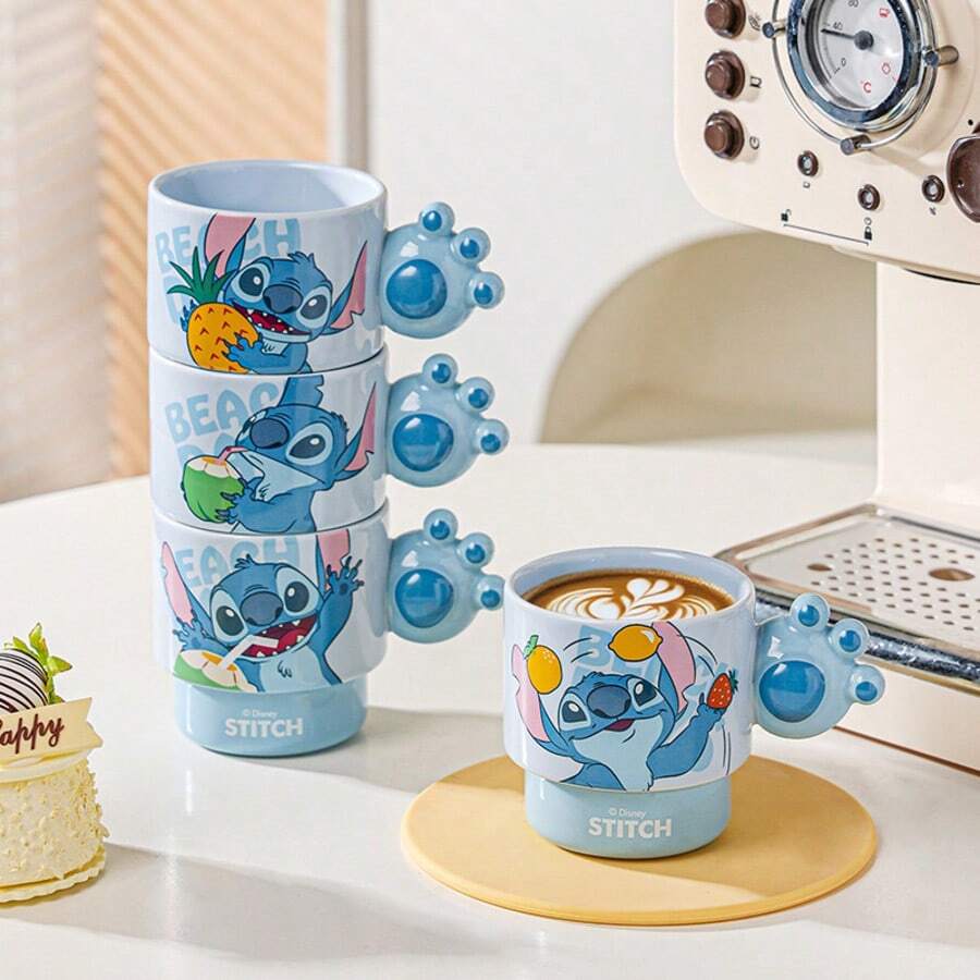 Disney 1个300毫升卡通创意水杯，带史迪奇手柄，趣味水杯，可爱儿童陶瓷水杯，时尚早餐牛奶杯，耐热饮水杯，可重复使用，适用于办公室、家庭和酒吧的装饰陶瓷咖啡杯，动漫收藏礼品，适合圣诞节、生日和情人节。 - 彩色 - 查看 1